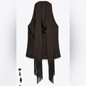 NWT Zara Satin Top With Fringing in Brown